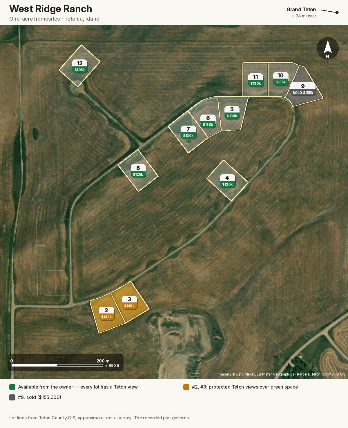 Satellite map of West Ridge Ranch, Tetonia, Idaho, with Jim Hanseder's one-acre lots outlined and tagged by number and price: #12 $105k, #11 $130k, #10 $135k, #5 $135k, #6 $130k, #7 $130k, #8 $125k, #4 $120k, #3 $145k and #2 $142k with protected Teton views, and #9 sold for $155k